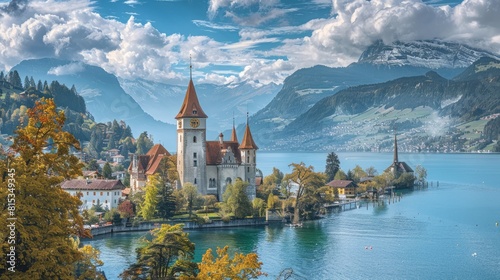 Spiez Castle or Schloss Spiez and Schlosskirche Church near Thun lake in Spiez town of Bern canton in Switzerland --ar 16:9 Job ID: 0d9856ae-3011-4cb5-aa76-e522cb96166f photo