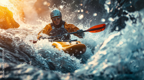 A man in a yellow kayak battles through the frothy, turbulent rapids of a wild river.