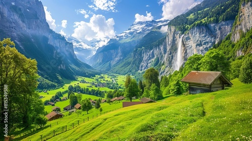 Summer view of alpine valley of Lauterbrunnen. Location place Swiss alp, Bernese Oberland, Europe. Staubbach waterfall is a famous tourist attraction. Natural wallpaper. Discover the world of beauty. 