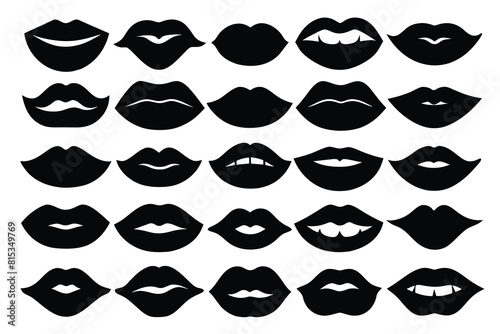 Set of lips black Silhouette Design with white Background and Vector Illustration on white background