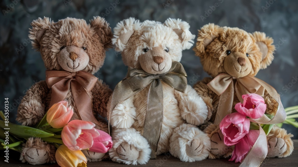 The holiday gift idea involves three teddy bears adorned with charming tulip bows and ribbons