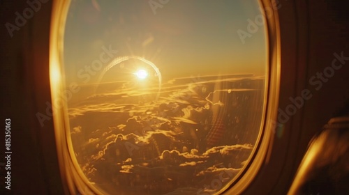 View from plane window of setting sun. tourism and travel related --ar 16 9 Job ID  c7f3b2af-ef05-4ca4-82ac-cd80296b4554