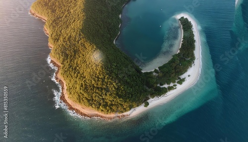 A top view of a half moon crescent shape island in ocean