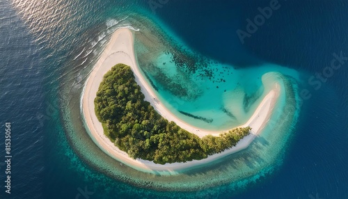 A top view of a half moon crescent shape island in ocean