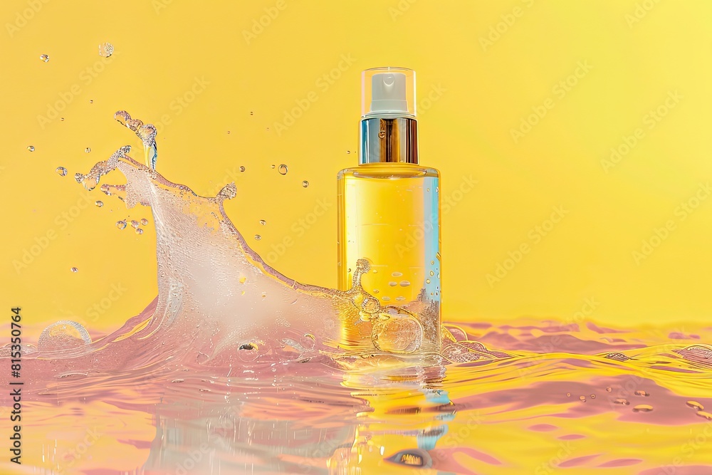 The bottle of moisturizing serum stands in the water waves on the pink-yellow background The bottle of moisturizing serum stands in the water waves on the pink-yellow background