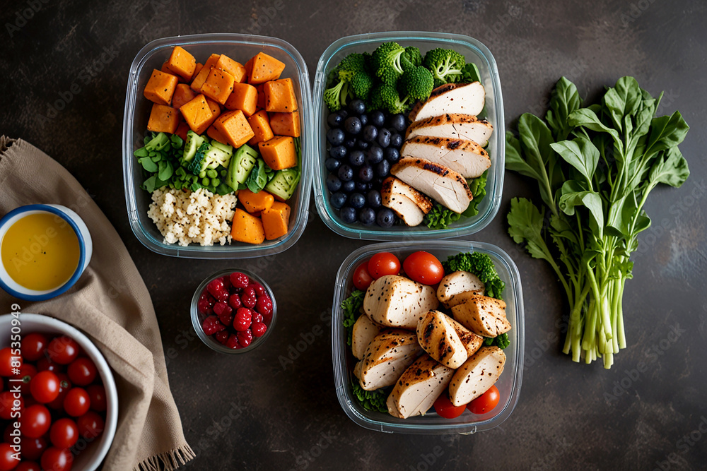 Healthy meals, such as grilled chicken with steamed vegetables, quinoa with roasted sweet potatoes, and a mixed berry salad, organized neatly on a kitchen