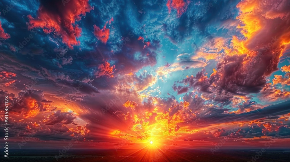 The sky set aglow by a dramatic sunset adorned with billowing clouds and the sun