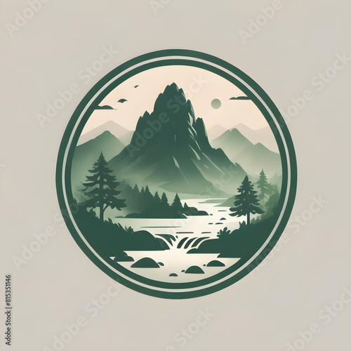 Landscape with mountains and trees. Alpine harmony. Rivers flowing through tree-lined peaks.