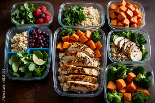 Healthy meals, such as grilled chicken with steamed vegetables, quinoa with roasted sweet potatoes, and a mixed berry salad, organized neatly on a kitchen