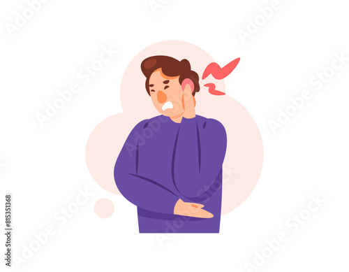 illustration of a man with red and swollen ears. earache. Otalgia symptoms. ear infection. pain in the inside or outside of the ear. health problems and disorders. flat style character illustration