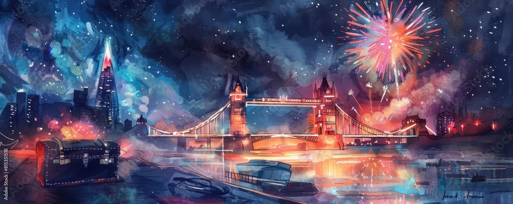 A breathtaking night panorama featuring Tower Bridge, a skyline lit up by fireworks, and a suitcase adding a travel element
