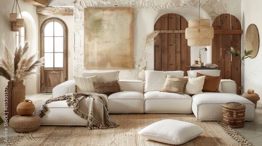 Fototapeta premium Minimal Modern Elegant Neutral Cozy White Scandinavian Living Room with Sofa and Plants Soft Earthy Colors Great as Interior Furniture Design Inspiration