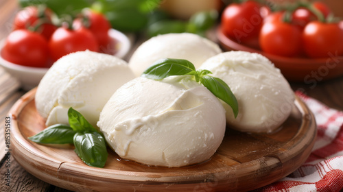 Large balls of Italian mozzarella di Bufala Campana on a chopping board with tomatoes and basil. photo