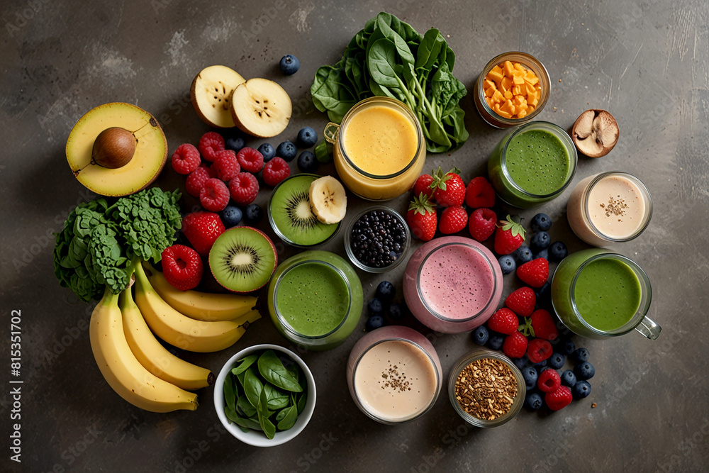 Kitchen counter with various fresh smoothie ingredients neatly arranged, including spinach, kale, berries, banana slices, chia seeds, almond milk, and a blender