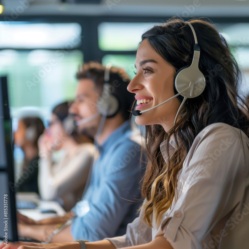 Cheerful female customer service representative with headset in a busy call center, concept of client support and communication in a professional setting