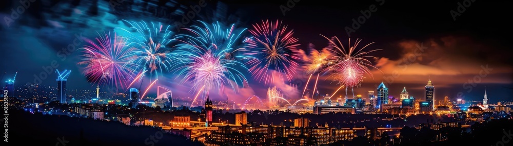 A night city panorama featuring a modern skyline, fireworks lighting up the sky, and a beautifully lit bridge enhancing the scene A night city panorama featuring a modern skyline, fireworks lighting up the sky, and a beautifully lit bridge enhancing the scene