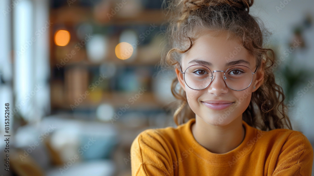 young girl with glasses doing homework on a white table, smiling,generative ai young girl with glasses doing homework on a white table, smiling,generative ai