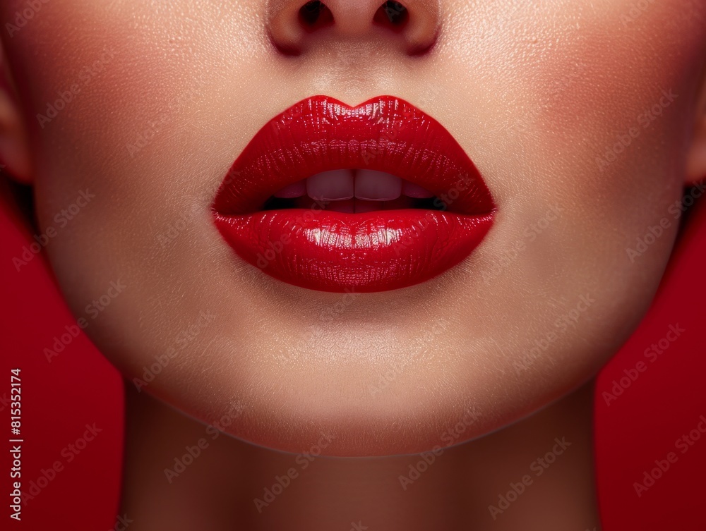 Fototapeta premium Red background pattern with many red lips again, wallpaper with copy space, luxury brand advertising，Captivating Crimson Lips on a Luxurious AI-Generated 4K Wallpaper: An Elegant, Desirable Backdrop 