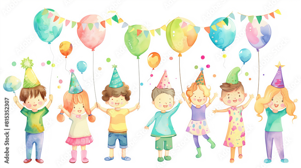 Watercolor drawing Children in caps, with balloons, gifts and sweets celebrate their birthday. Watercolor drawing Children in caps, with balloons, gifts and sweets celebrate their birthday.