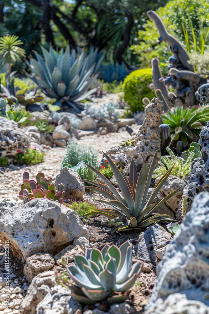 succulents grow between the stones. succulent garden close-up. colorful succulents in the garden.