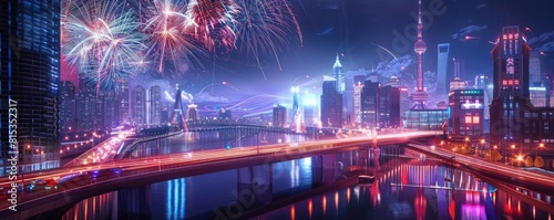 A stunning night view of a modern city  captured in a panorama with fireworks above the skyline and a glowing bridge in the foreground