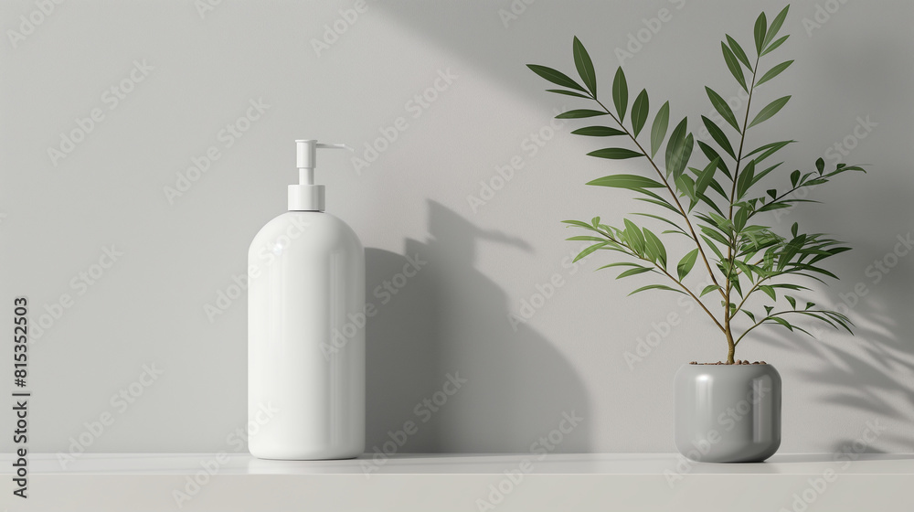 Bath products on the white shelf with plant Bath products on the white shelf with plant