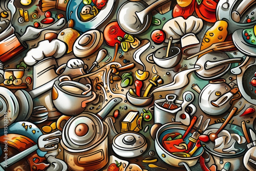 Cartoon cute doodles of a bustling kitchen filled with pots, pans, and utensils, as chefs create culinary masterpieces amidst clouds of, Generative AI