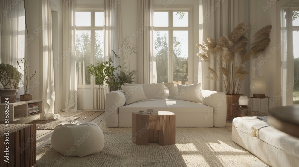 Obraz premium Minimal Modern Elegant Neutral Cozy White Scandinavian Living Room with Sofa and Plants Soft Earthy Colors Great as Interior Furniture Design Inspiration