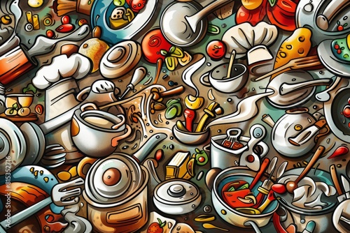 Cartoon cute doodles of a bustling kitchen filled with pots  pans  and utensils  as chefs create culinary masterpieces amidst clouds of  Generative AI