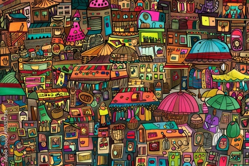  Cartoon cute doodles of a bustling marketplace filled with vendors, stalls, and a myriad of goods from all around the world, creating a vibrant, Generative AI photo