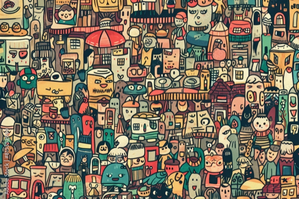 Obraz premium Cartoon cute doodles of a bustling marketplace filled with vendors, stalls, and a myriad of goods from all around the world, creating a vibrant, Generative AI