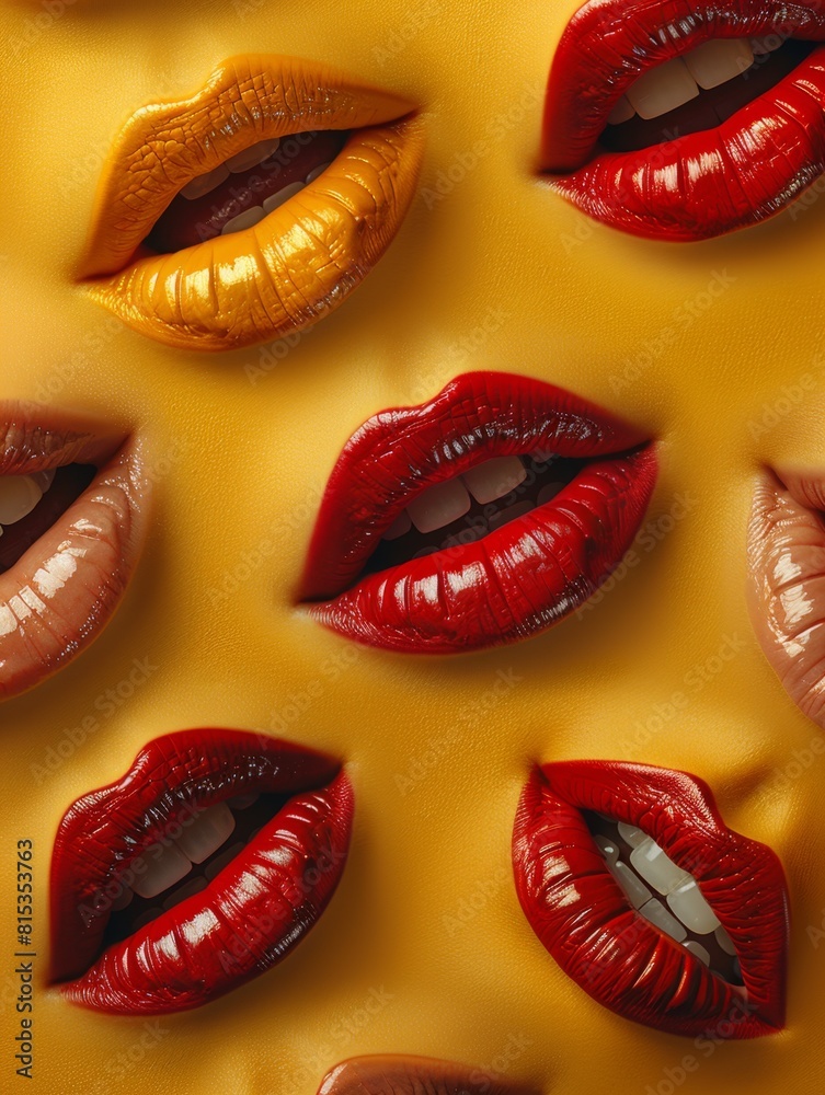 Obraz premium Many red lips again in yellow background pattern, wallpaper with copy space, luxury brand advertising
