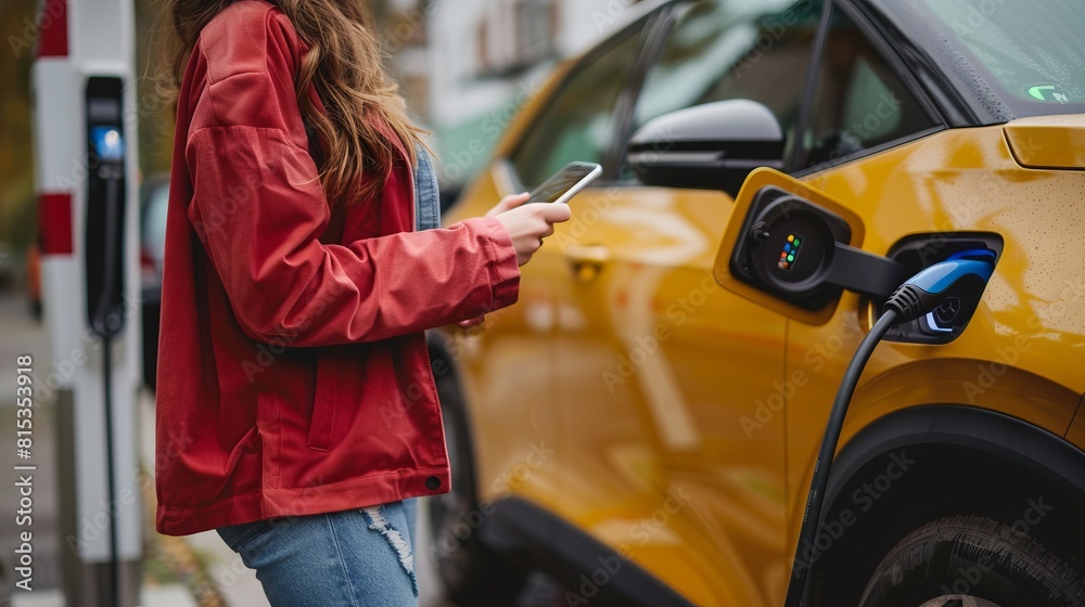 Woman Charging Electric Vehicle While Using Smartphone Woman Charging Electric Vehicle While Using Smartphone