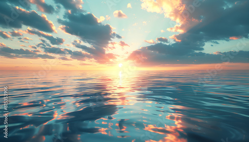 Spectacular abstract of a scenic calm ocean, sunrise sky reflecting in the water, sunset and natural, digital art 3d illustration