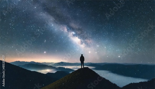夜空　星空　星座　天の川　少年　シルエット　山　風景　イメージ　3dcg　イラスト素材