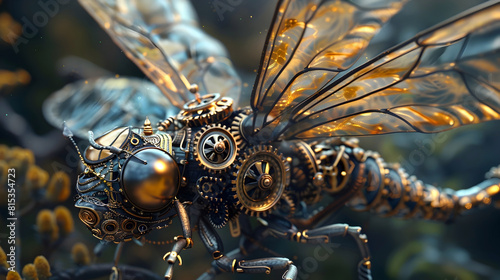 Behold the Wizardfly,a Mystical Creature Blending Steampunk Machinery with the Elegance of a Dragonfly,Casting Spells with Its Enchanted Gears in an photo