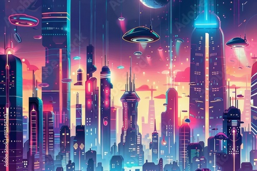 Cartoon cute doodles of a futuristic cityscape filled with neon lights, flying cars, and towering skyscrapers, creating a dazzling display of, Generative AI