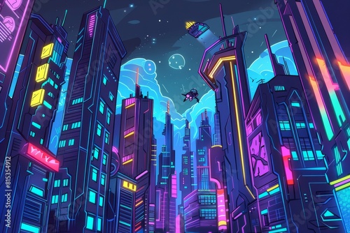 Cartoon cute doodles of a futuristic cityscape filled with neon lights, flying cars, and towering skyscrapers, creating a dazzling display of, Generative AI