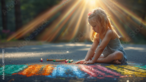 cute little girl draws with chalk on the asphalt in a beautiful sunny day and sun rays,generative ai photo