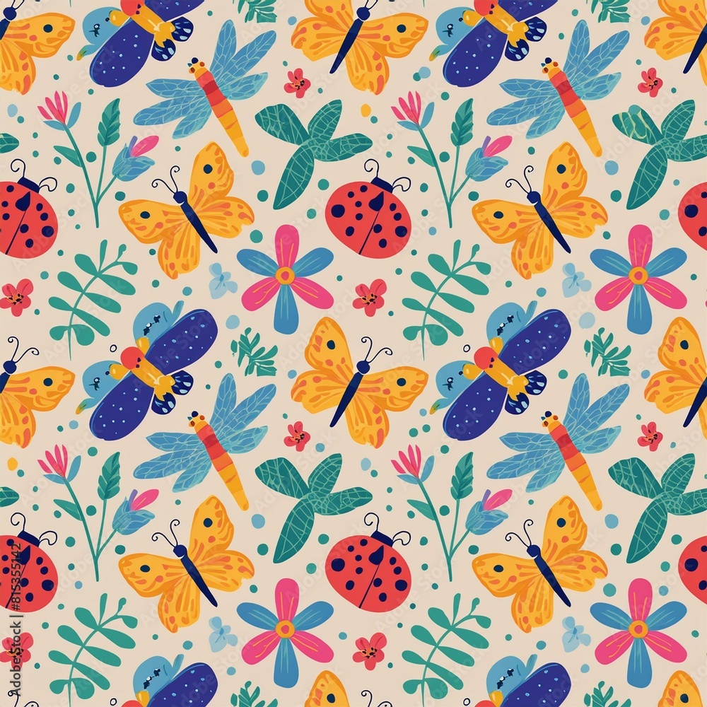 a playful pattern of various insects, such as ladybugs, bees, and dragonflies a playful pattern of various insects, such as ladybugs, bees, and dragonflies