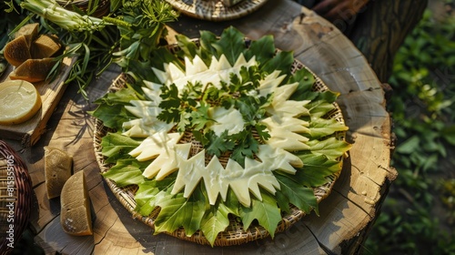 Cumin cheese sliced and adorned with oak tree leaves takes center stage at Latvia s vibrant midsummer solstice festivities on June 23 and 24 known as Ligo or Johns day photo