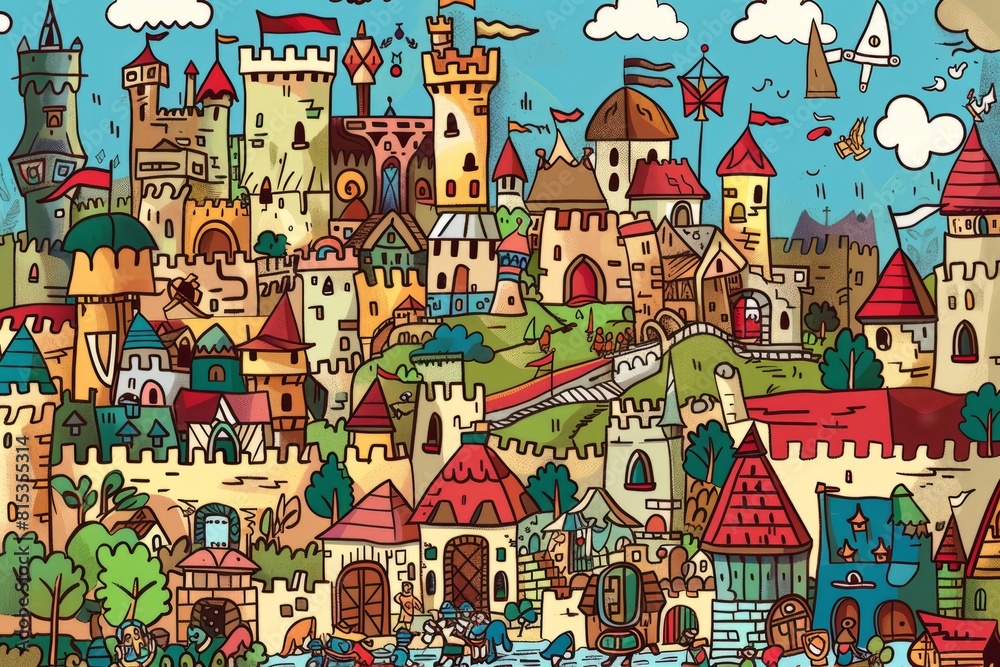 Cartoon cute doodles of a medieval kingdom adorned with towering castles, bustling marketplac