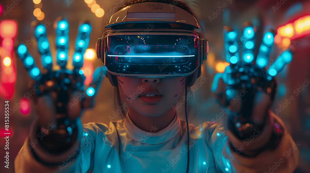 A person wearing a virtual reality headset and gloves with futuristic technology. A person wearing a virtual reality headset and gloves with futuristic technology.