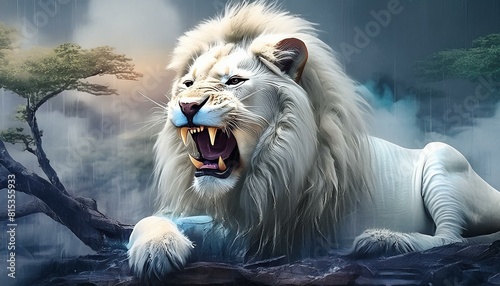 A big white lion on a rock in the dark jungle 