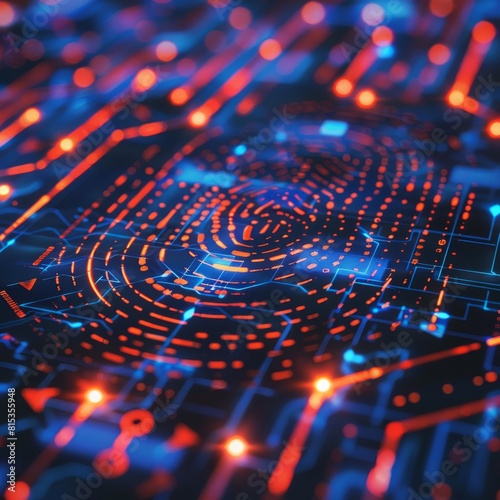 A glowing blue and red circuit board with a fingerprint in the center.
