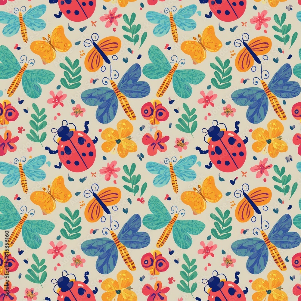 a playful pattern of various insects, such as ladybugs, bees, and dragonflies a playful pattern of various insects, such as ladybugs, bees, and dragonflies