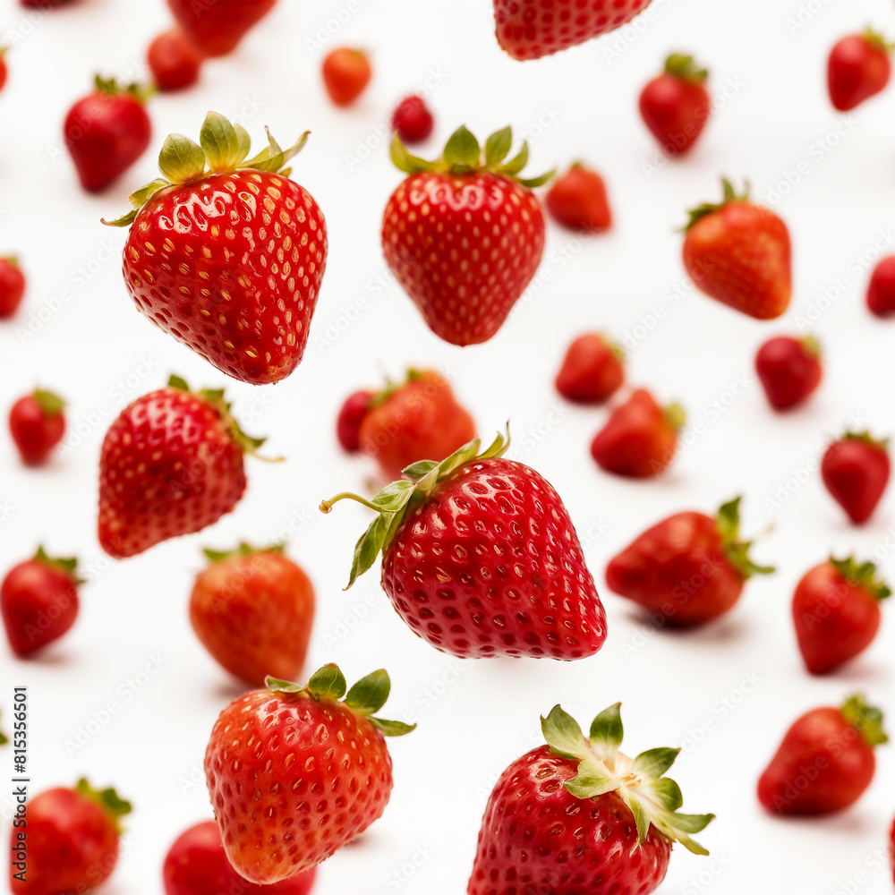 ai images a few Strawberry and its sliced are falling down to the table