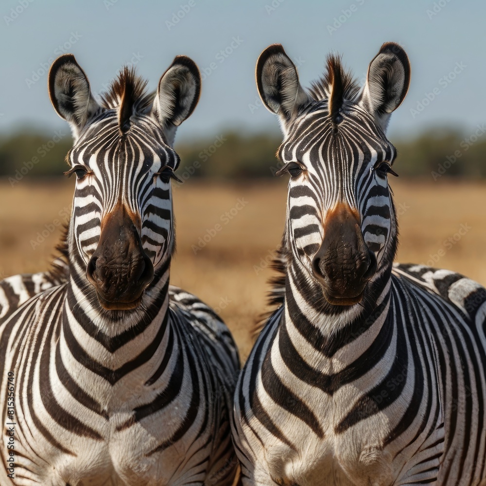Naklejka premium zebras in zoo stand together and take photo 