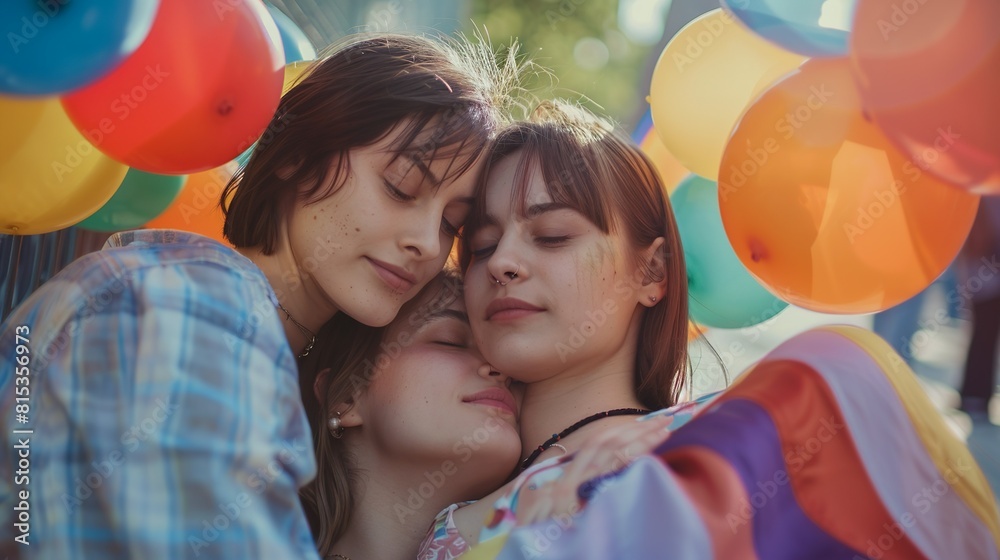 Obraz premium Cheerful LGBTQ+ couple enjoying their anniversary with pride month decorations and soft pastel tones