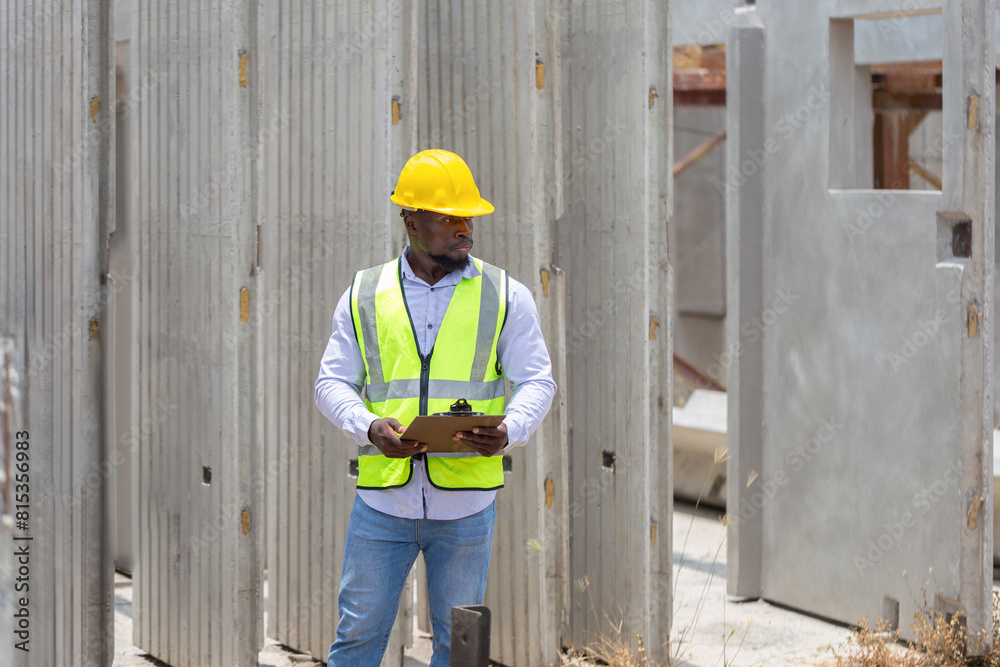 Engineer man checking precast concrete wall panels at construction site, Foreman worker in hardhat at the precast concrete factory site Engineer man checking precast concrete wall panels at construction site, Foreman worker in hardhat at the precast concrete factory site